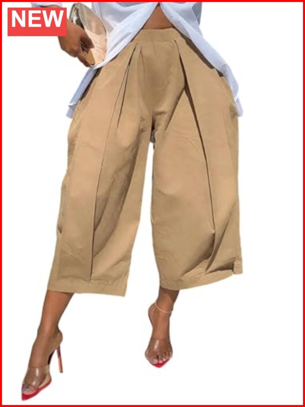 Women High Waisted Pleated Wide Leg Capri Pants Cotton Blend Cropped Trousers